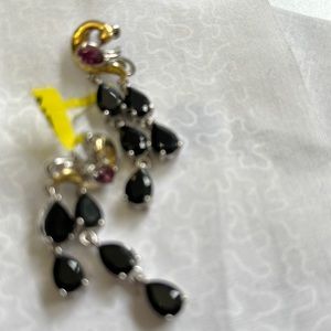 Earrings:black tourmaline: Peacock design on posts.